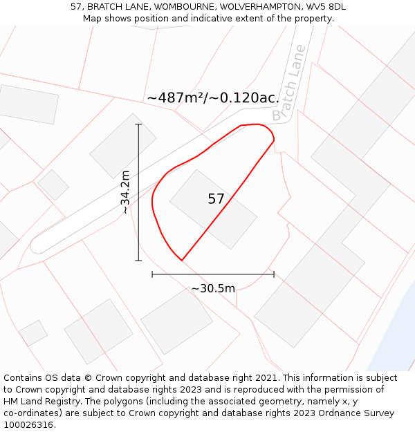 57, BRATCH LANE, WOMBOURNE, WOLVERHAMPTON, WV5 8DL: Plot and title map