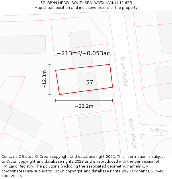 57, BRYN HEDD, SOUTHSEA, WREXHAM, LL11 6RB: Plot and title map