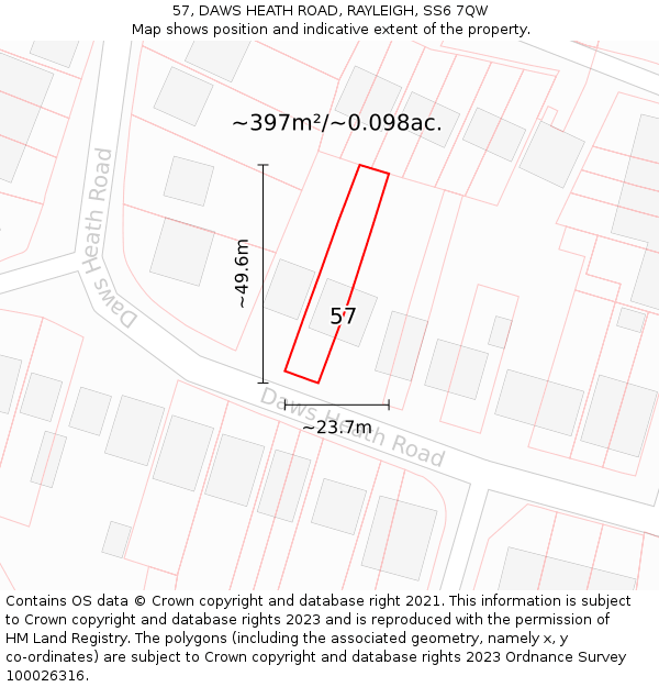57, DAWS HEATH ROAD, RAYLEIGH, SS6 7QW: Plot and title map