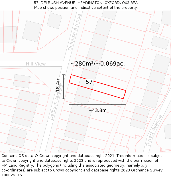 57, DELBUSH AVENUE, HEADINGTON, OXFORD, OX3 8EA: Plot and title map