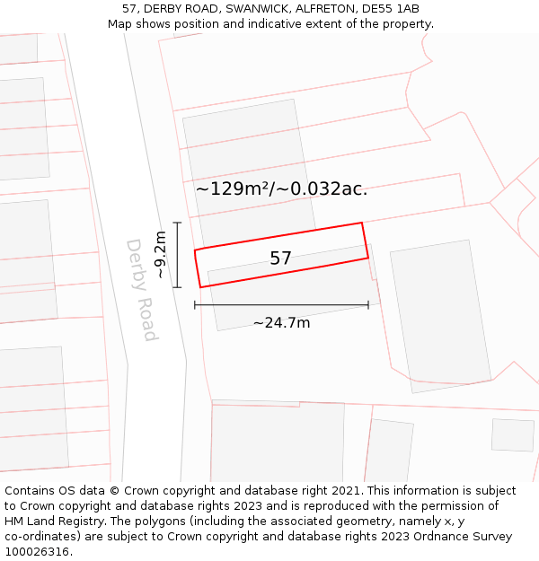 57, DERBY ROAD, SWANWICK, ALFRETON, DE55 1AB: Plot and title map