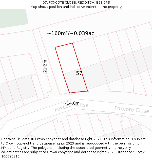 57, FOXCOTE CLOSE, REDDITCH, B98 0PS: Plot and title map