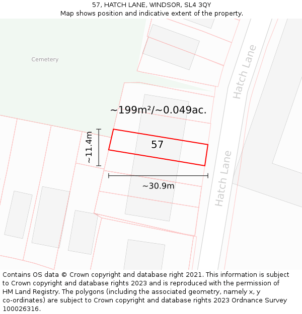 57, HATCH LANE, WINDSOR, SL4 3QY: Plot and title map