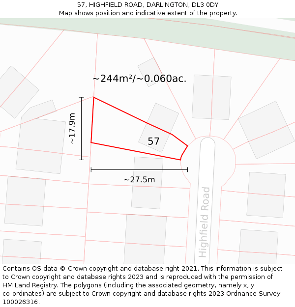 57, HIGHFIELD ROAD, DARLINGTON, DL3 0DY: Plot and title map