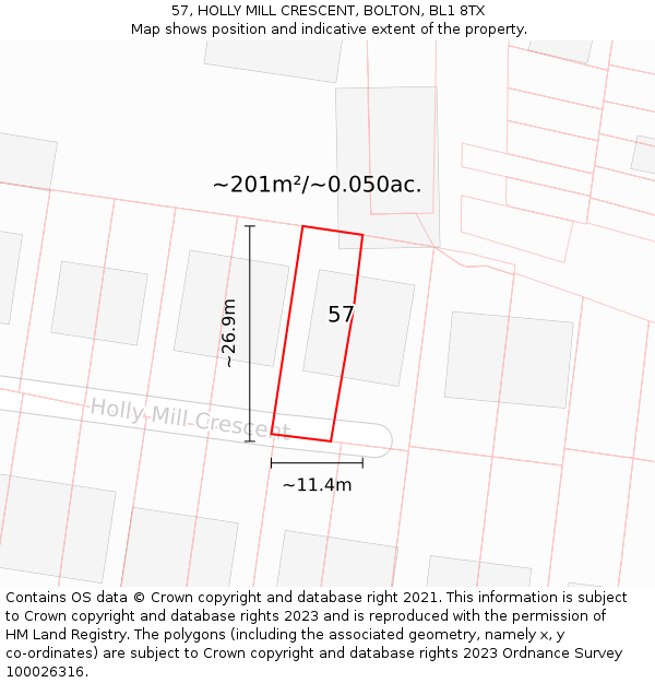 57, HOLLY MILL CRESCENT, BOLTON, BL1 8TX: Plot and title map