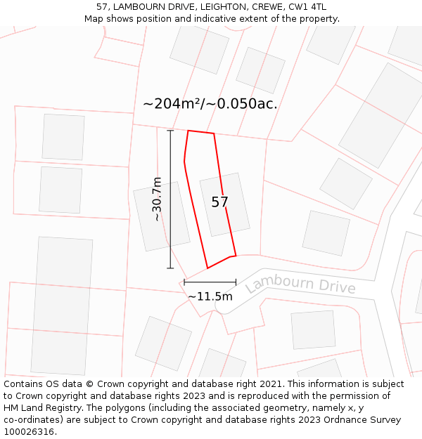 57, LAMBOURN DRIVE, LEIGHTON, CREWE, CW1 4TL: Plot and title map