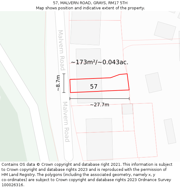 57, MALVERN ROAD, GRAYS, RM17 5TH: Plot and title map