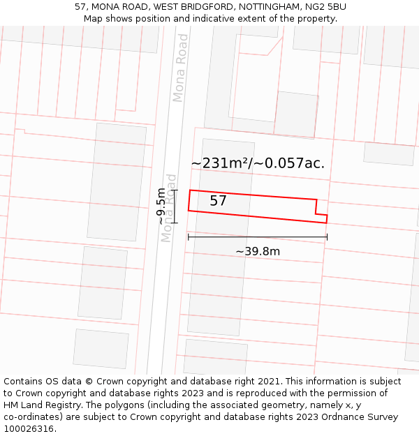 57, MONA ROAD, WEST BRIDGFORD, NOTTINGHAM, NG2 5BU: Plot and title map