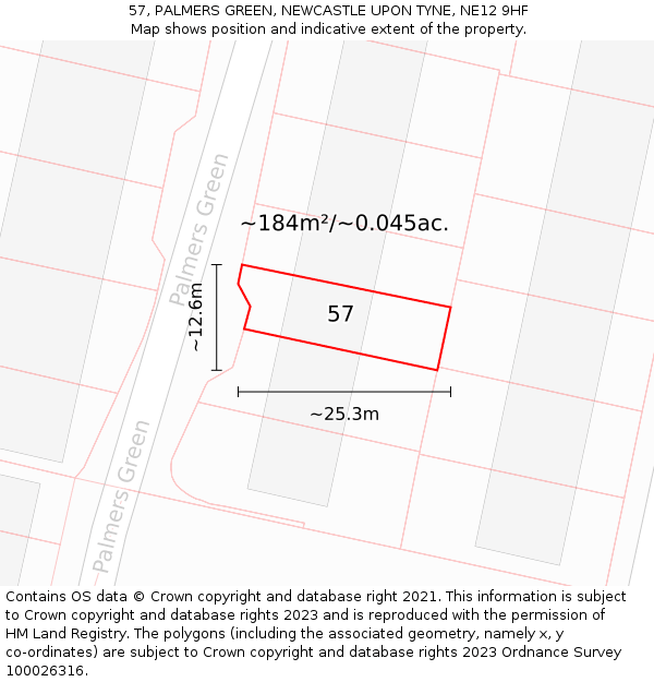 57, PALMERS GREEN, NEWCASTLE UPON TYNE, NE12 9HF: Plot and title map