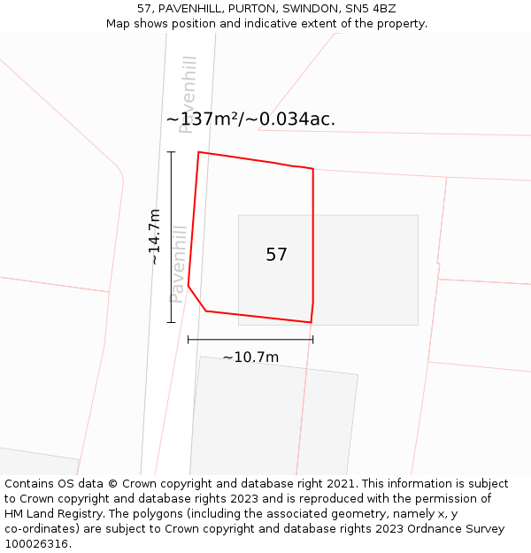 57, PAVENHILL, PURTON, SWINDON, SN5 4BZ: Plot and title map