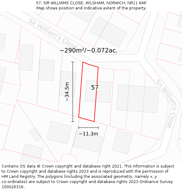 57, SIR WILLIAMS CLOSE, AYLSHAM, NORWICH, NR11 6AP: Plot and title map