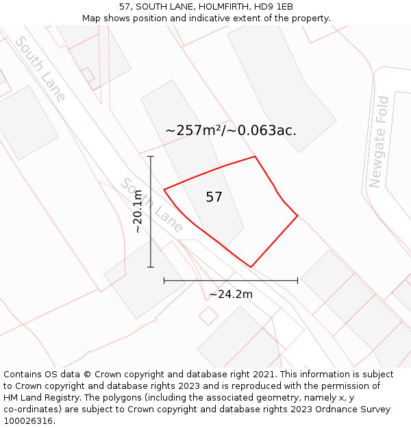 57, SOUTH LANE, HOLMFIRTH, HD9 1EB: Plot and title map