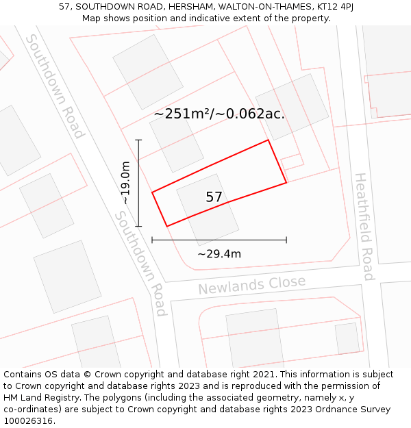 57, SOUTHDOWN ROAD, HERSHAM, WALTON-ON-THAMES, KT12 4PJ: Plot and title map