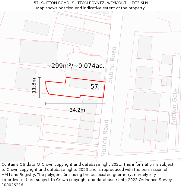 57, SUTTON ROAD, SUTTON POYNTZ, WEYMOUTH, DT3 6LN: Plot and title map