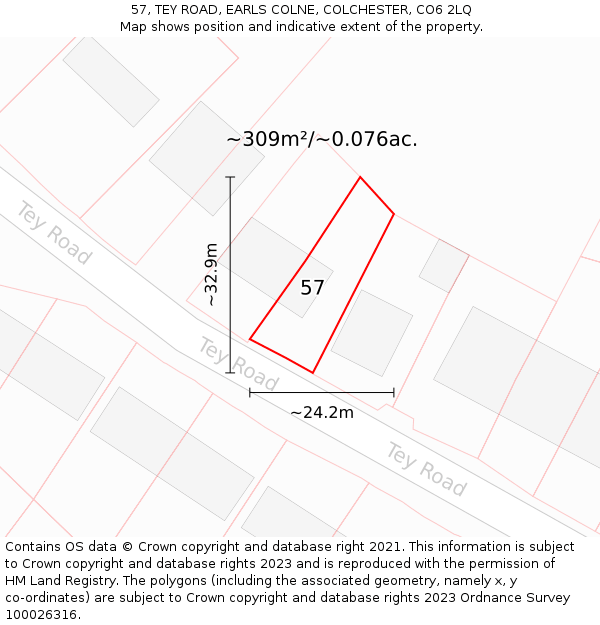 57, TEY ROAD, EARLS COLNE, COLCHESTER, CO6 2LQ: Plot and title map