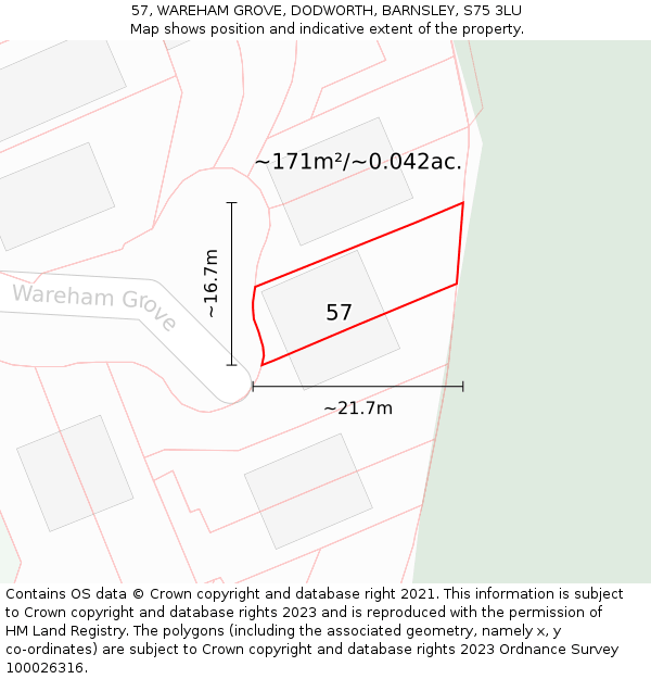 57, WAREHAM GROVE, DODWORTH, BARNSLEY, S75 3LU: Plot and title map