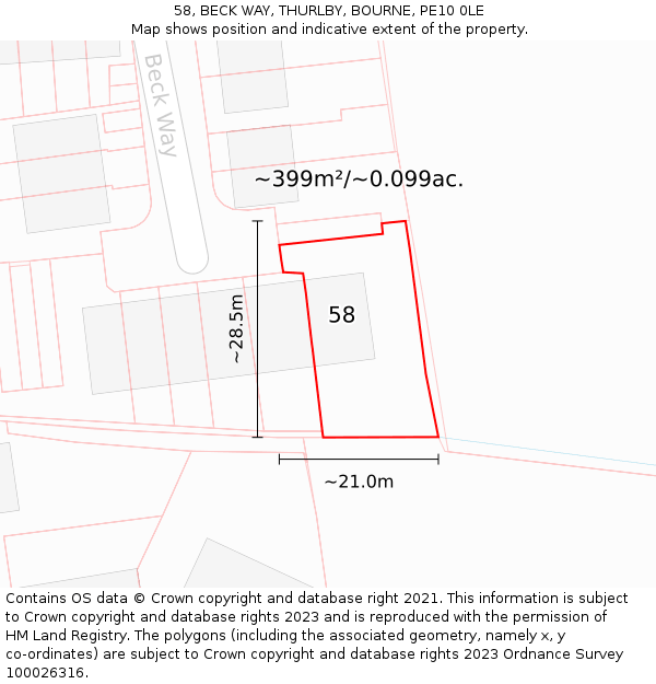 58, BECK WAY, THURLBY, BOURNE, PE10 0LE: Plot and title map