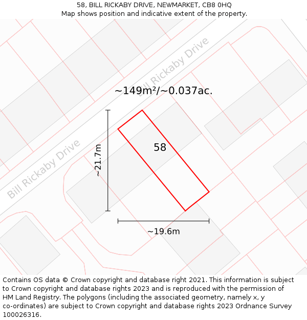 58, BILL RICKABY DRIVE, NEWMARKET, CB8 0HQ: Plot and title map