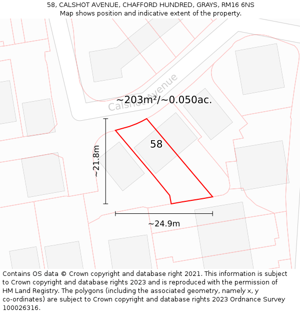 58, CALSHOT AVENUE, CHAFFORD HUNDRED, GRAYS, RM16 6NS: Plot and title map