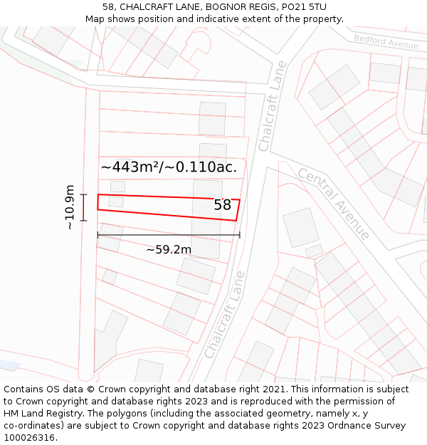 58, CHALCRAFT LANE, BOGNOR REGIS, PO21 5TU: Plot and title map