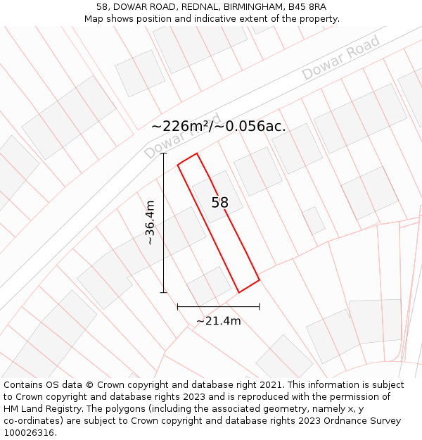 58, DOWAR ROAD, REDNAL, BIRMINGHAM, B45 8RA: Plot and title map