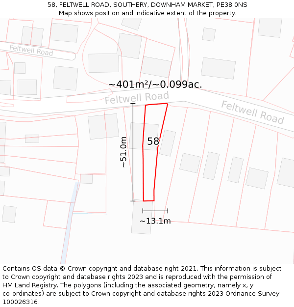 58, FELTWELL ROAD, SOUTHERY, DOWNHAM MARKET, PE38 0NS: Plot and title map