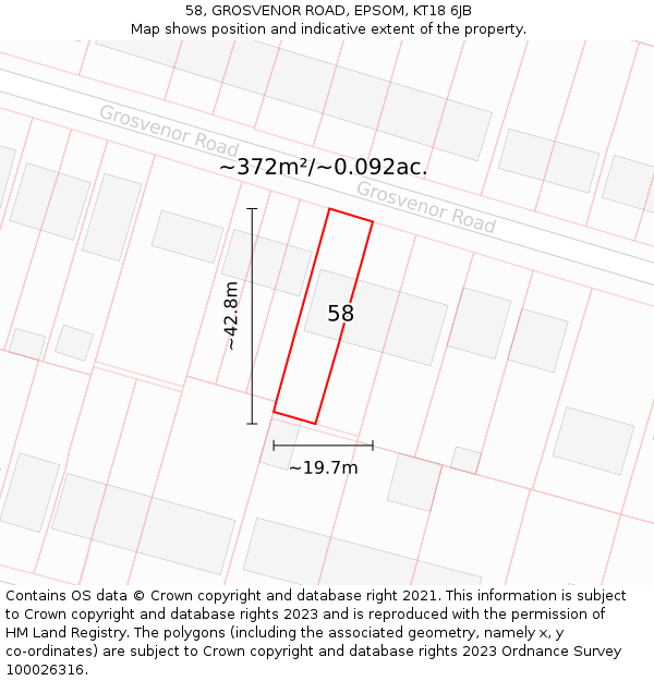 58, GROSVENOR ROAD, EPSOM, KT18 6JB: Plot and title map