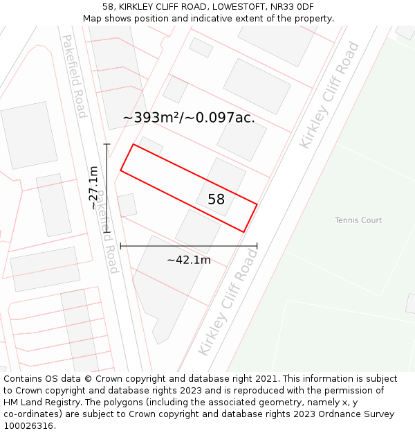 58, KIRKLEY CLIFF ROAD, LOWESTOFT, NR33 0DF: Plot and title map