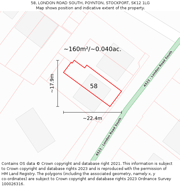 58, LONDON ROAD SOUTH, POYNTON, STOCKPORT, SK12 1LG: Plot and title map