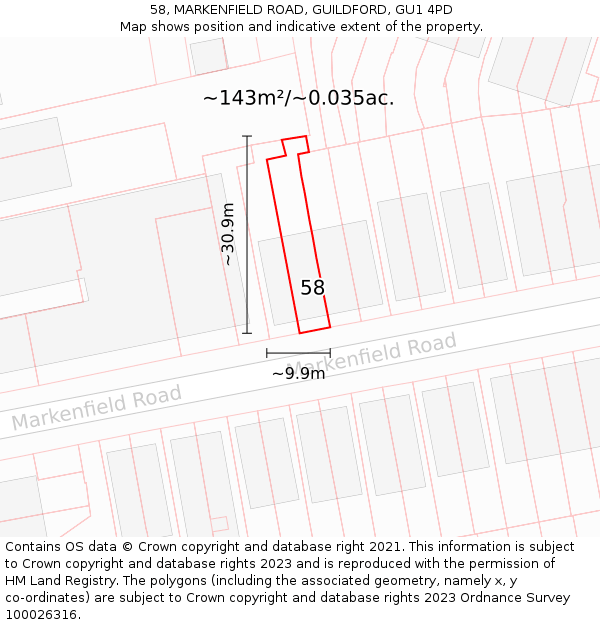 58, MARKENFIELD ROAD, GUILDFORD, GU1 4PD: Plot and title map