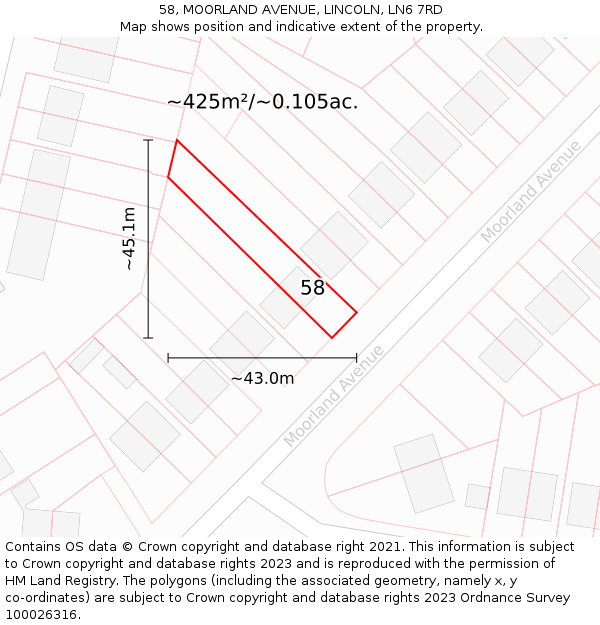 58, MOORLAND AVENUE, LINCOLN, LN6 7RD: Plot and title map