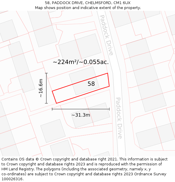 58, PADDOCK DRIVE, CHELMSFORD, CM1 6UX: Plot and title map