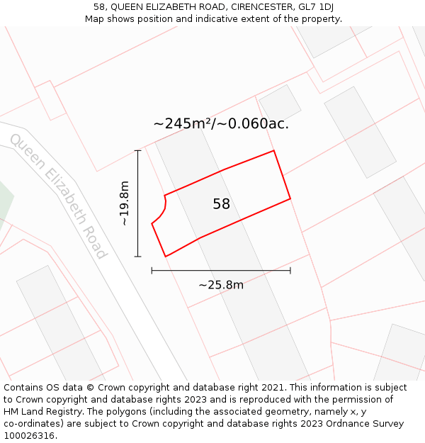58, QUEEN ELIZABETH ROAD, CIRENCESTER, GL7 1DJ: Plot and title map