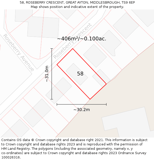 58, ROSEBERRY CRESCENT, GREAT AYTON, MIDDLESBROUGH, TS9 6EP: Plot and title map