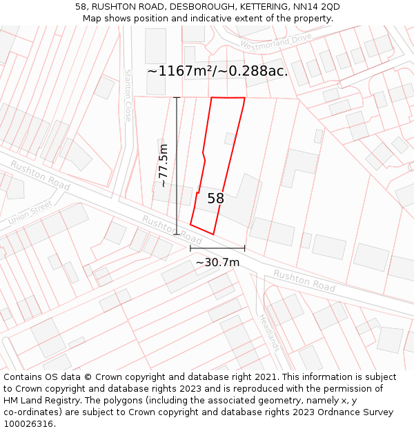 58, RUSHTON ROAD, DESBOROUGH, KETTERING, NN14 2QD: Plot and title map