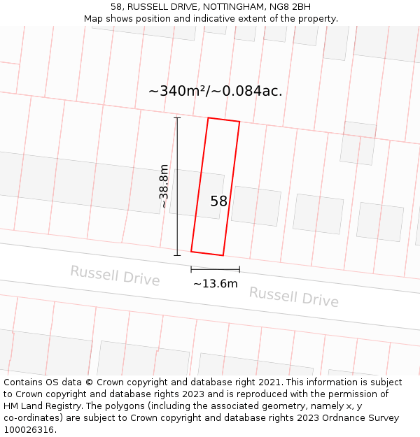 58, RUSSELL DRIVE, NOTTINGHAM, NG8 2BH: Plot and title map