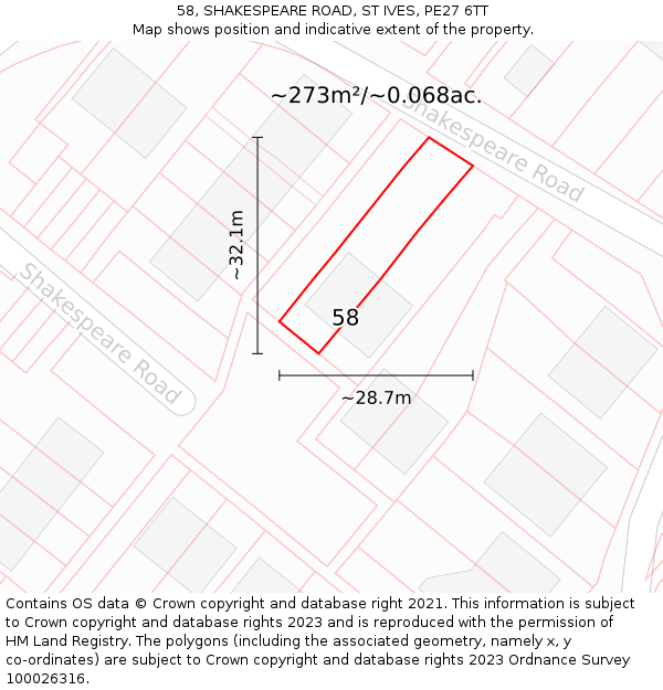 58, SHAKESPEARE ROAD, ST IVES, PE27 6TT: Plot and title map