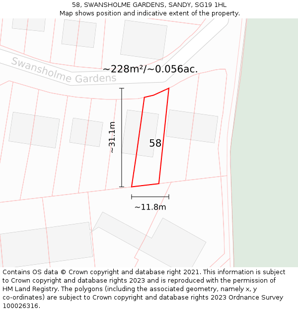 58, SWANSHOLME GARDENS, SANDY, SG19 1HL: Plot and title map