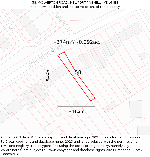 58, WOLVERTON ROAD, NEWPORT PAGNELL, MK16 8JG: Plot and title map