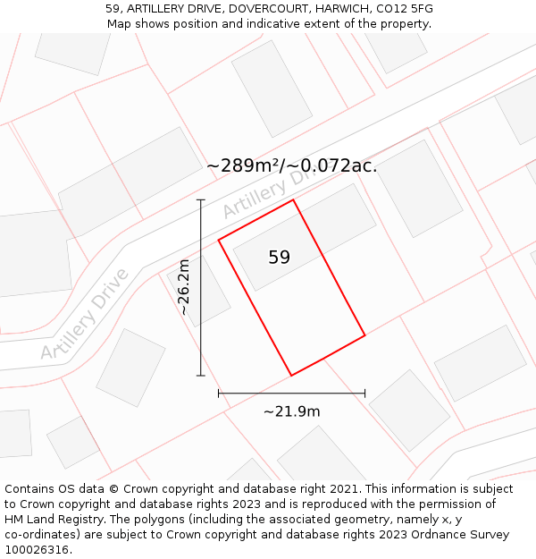 59, ARTILLERY DRIVE, DOVERCOURT, HARWICH, CO12 5FG: Plot and title map