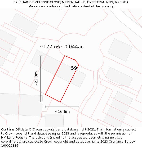 59, CHARLES MELROSE CLOSE, MILDENHALL, BURY ST EDMUNDS, IP28 7BA: Plot and title map