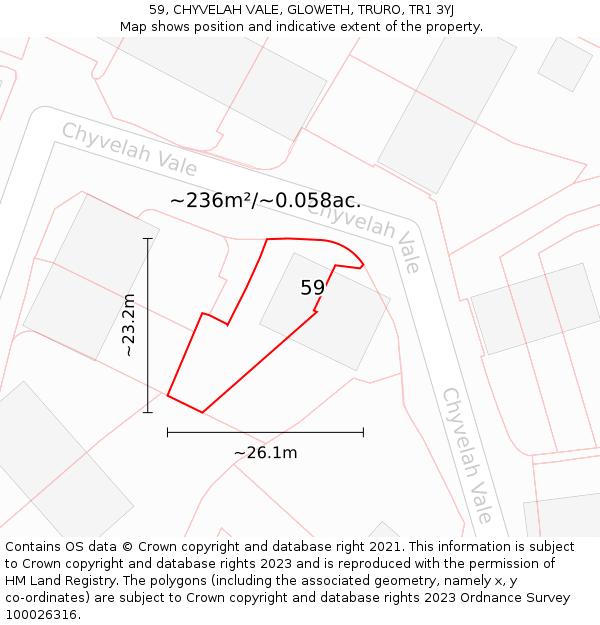 59, CHYVELAH VALE, GLOWETH, TRURO, TR1 3YJ: Plot and title map