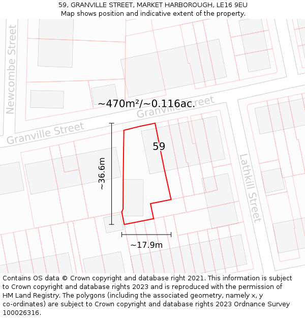 59, GRANVILLE STREET, MARKET HARBOROUGH, LE16 9EU: Plot and title map