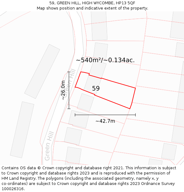 59, GREEN HILL, HIGH WYCOMBE, HP13 5QF: Plot and title map