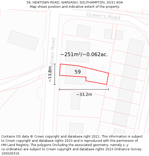 59, NEWTOWN ROAD, WARSASH, SOUTHAMPTON, SO31 9GA: Plot and title map