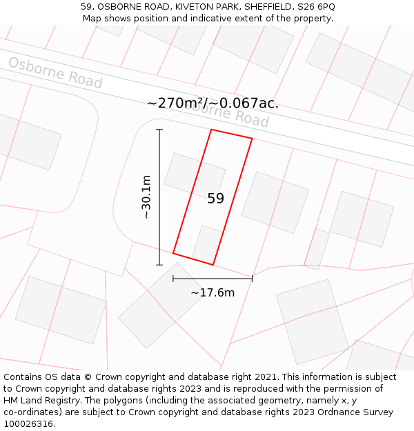 59, OSBORNE ROAD, KIVETON PARK, SHEFFIELD, S26 6PQ: Plot and title map