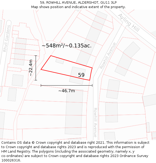 59, ROWHILL AVENUE, ALDERSHOT, GU11 3LP: Plot and title map