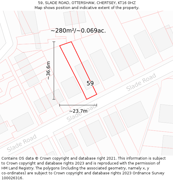 59, SLADE ROAD, OTTERSHAW, CHERTSEY, KT16 0HZ: Plot and title map