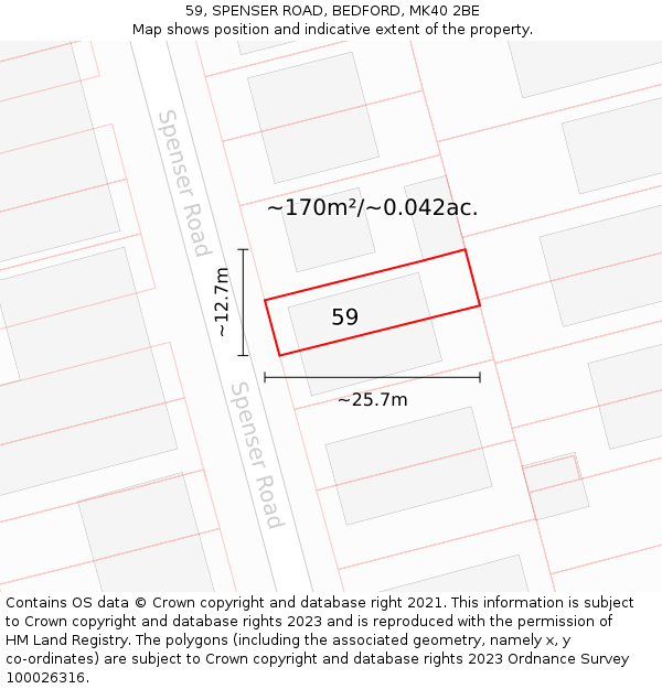 59, SPENSER ROAD, BEDFORD, MK40 2BE: Plot and title map