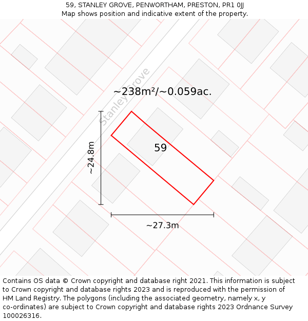 59, STANLEY GROVE, PENWORTHAM, PRESTON, PR1 0JJ: Plot and title map